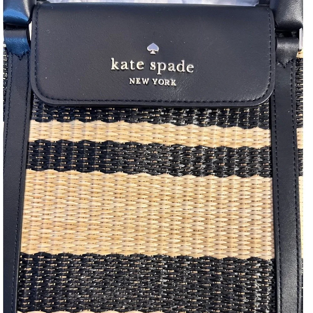 Kate Spade New York Striped Woven Straw Raffia Tote Shoulder Bag Black